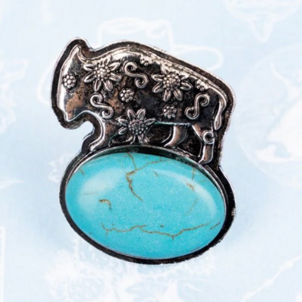 Crystal Floral Buffalo Silver-tone Turquoise Ring